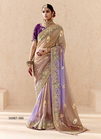 Beige Bemberg Silk Handworked Wedding-Wear Embroidered Saree