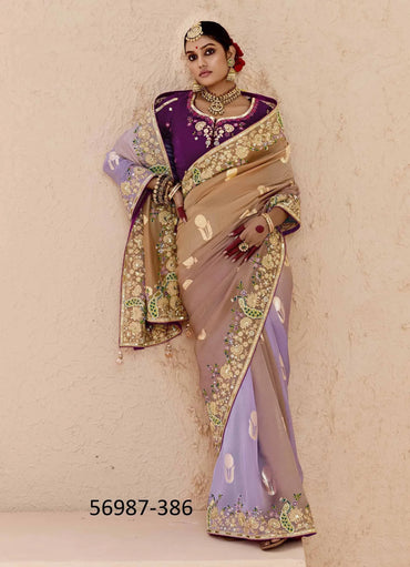 Beige Bemberg Silk Handworked Wedding-Wear Embroidered Saree