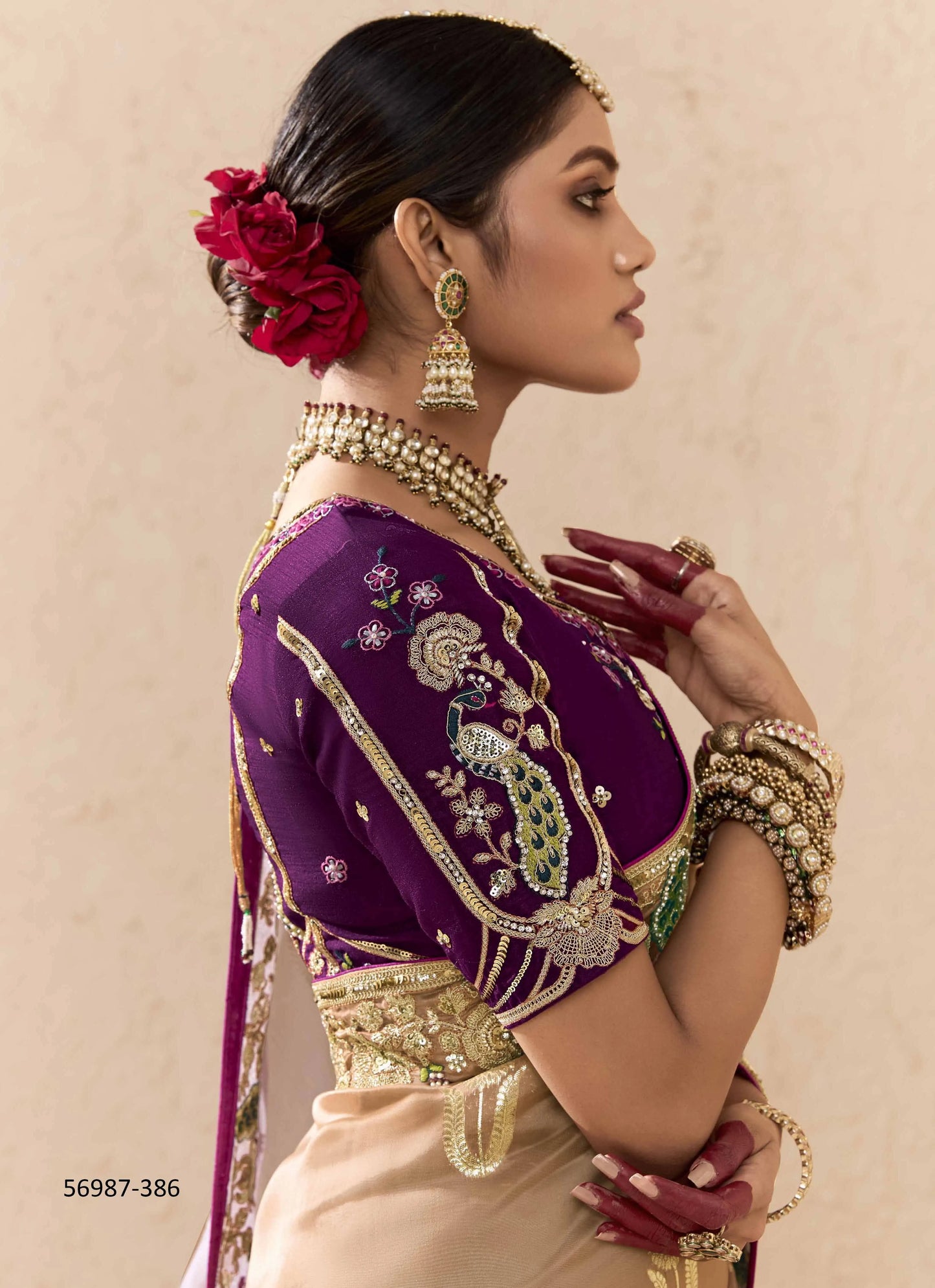Beige Bemberg Silk Handworked Wedding-Wear Embroidered Saree