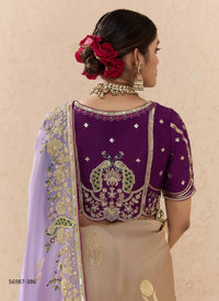 Beige Bemberg Silk Handworked Wedding-Wear Embroidered Saree