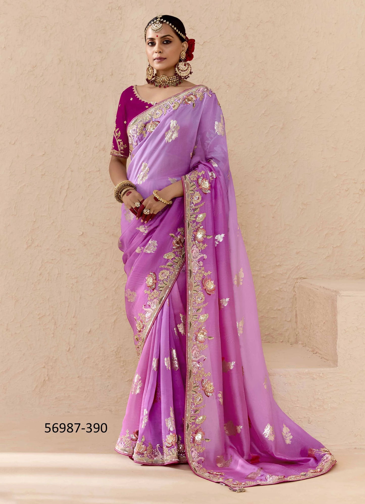 Lilac Bemberg Silk Handworked Wedding-Wear Embroidered Saree