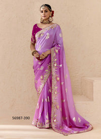 Lilac Bemberg Silk Handworked Wedding-Wear Embroidered Saree