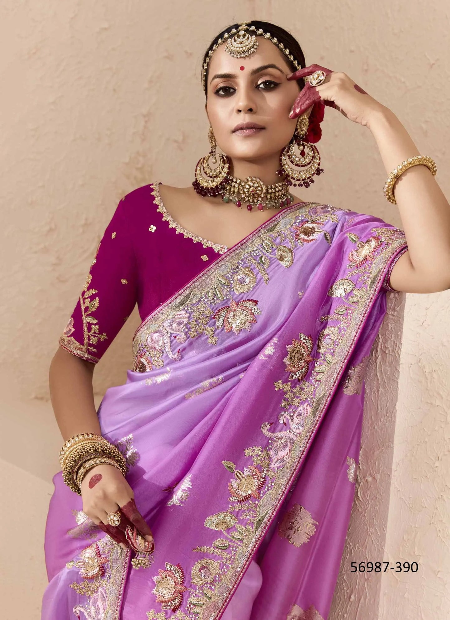 Lilac Bemberg Silk Handworked Wedding-Wear Embroidered Saree