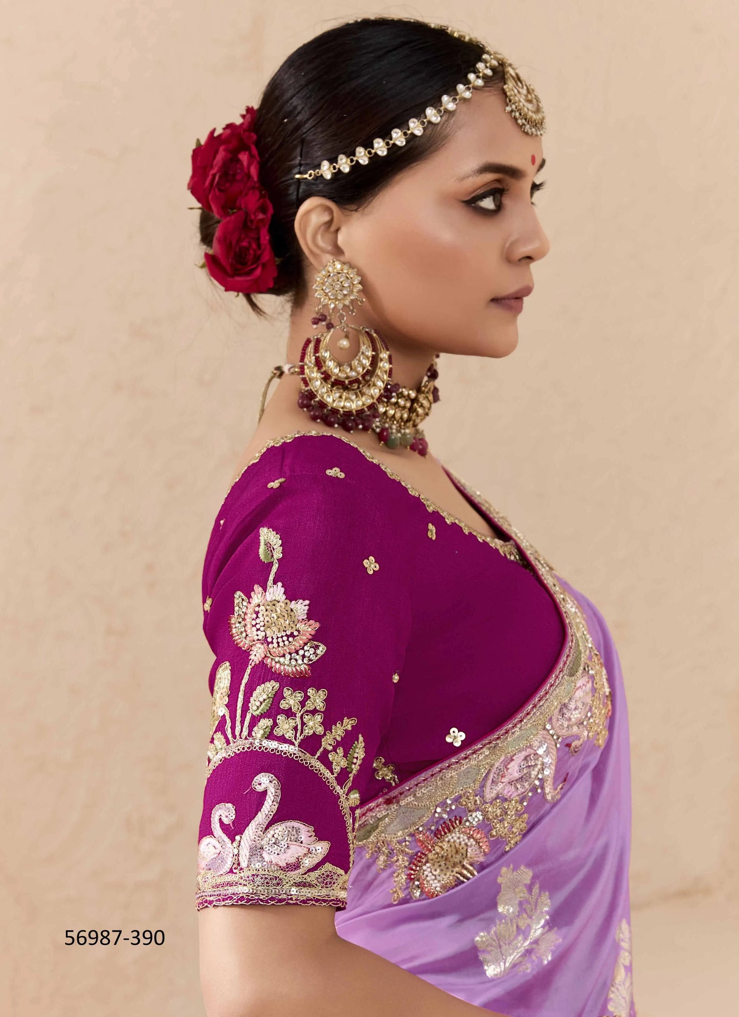 Lilac Bemberg Silk Handworked Wedding-Wear Embroidered Saree