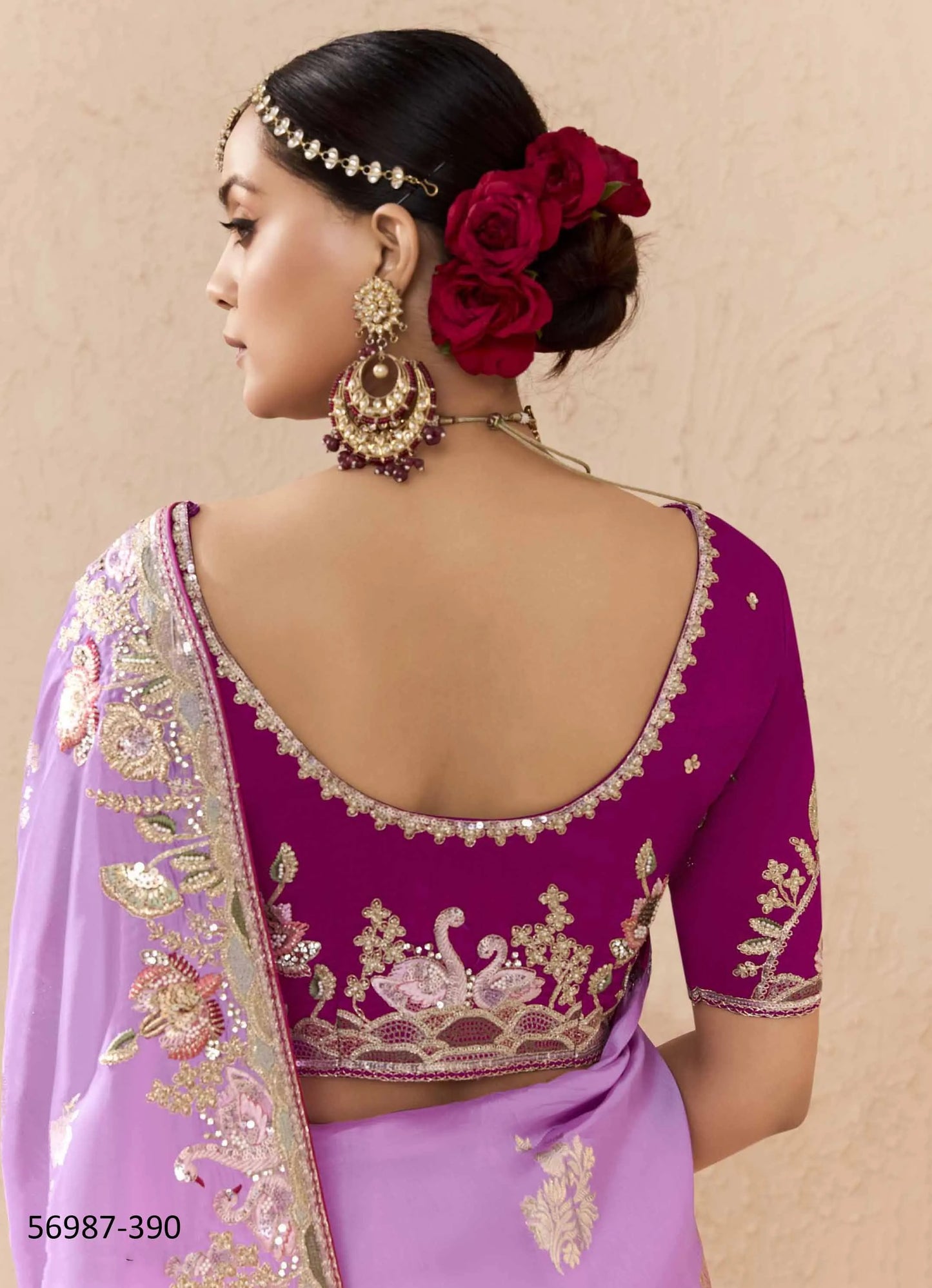 Lilac Bemberg Silk Handworked Wedding-Wear Embroidered Saree
