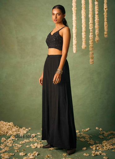 Black Chinon Handworked Wedding-Wear Spaghetti Blouse, Palazzo Pant With Shrug