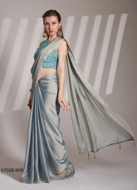 Gray Satin Sequins-Work Bollywood Saree For Kitty-Parties