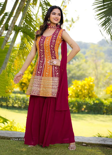 Wine Red Georgette Embroidered Ramadan-Special Gharara-Bottom Readymade Salwar Kameez
