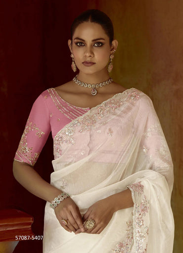 White Pure Bemberg Silk Hand worked Wedding-Wear Embroidered Saree