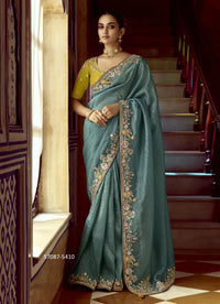Light Teal Blue Pure Bemberg Silk Handworked Wedding-Wear Embroidered Saree