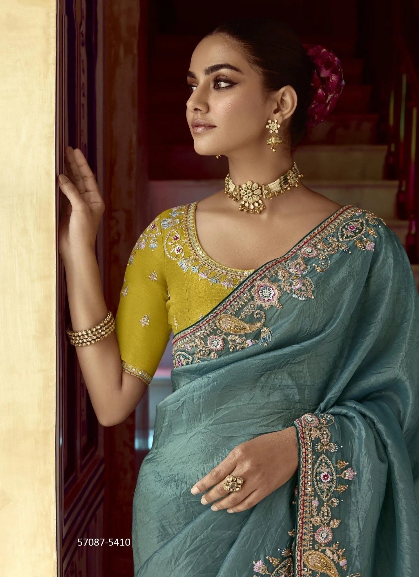 Light Teal Blue Pure Bemberg Silk Handworked Wedding-Wear Embroidered Saree