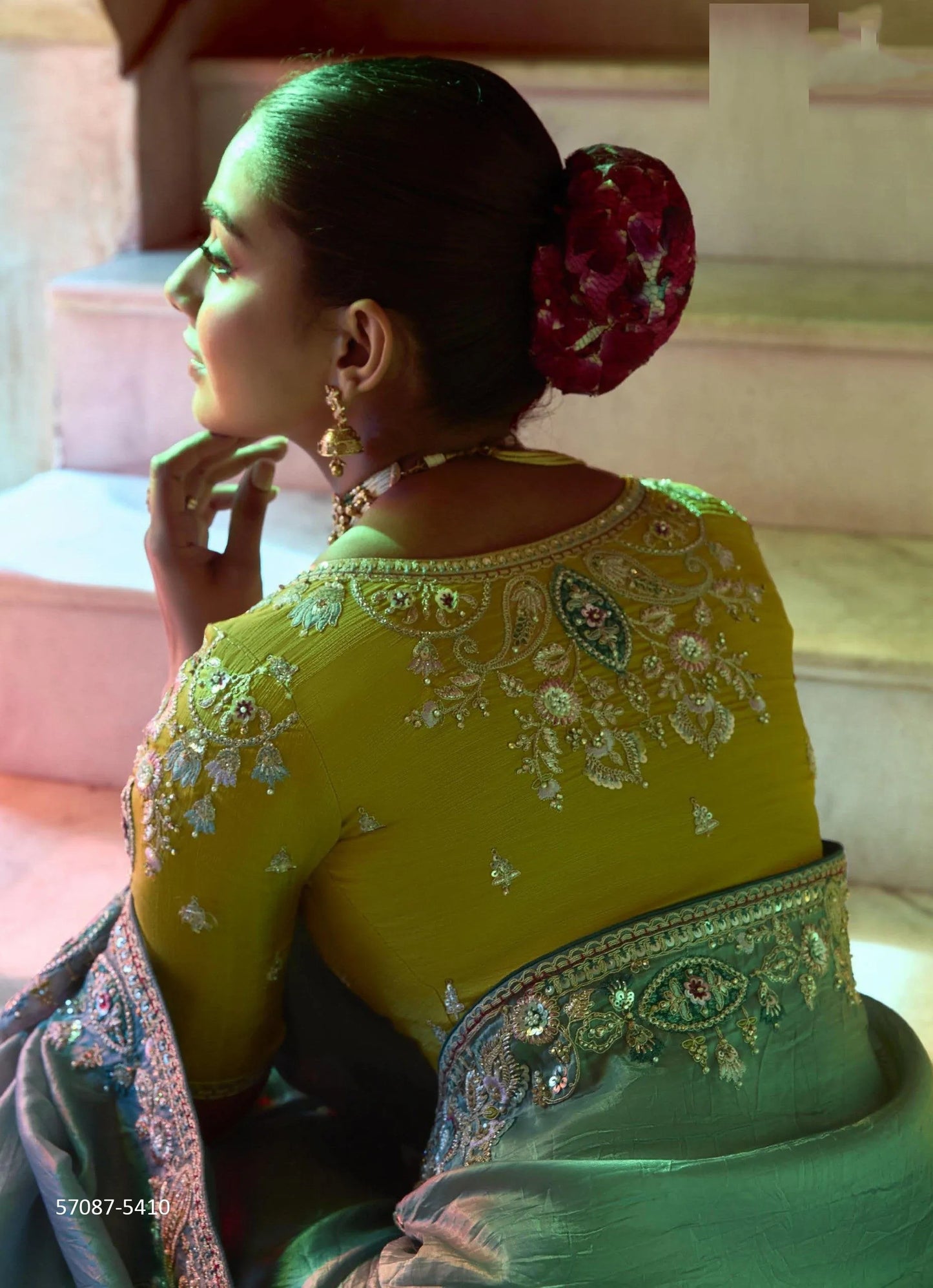 Light Teal Blue Pure Bemberg Silk Handworked Wedding-Wear Embroidered Saree