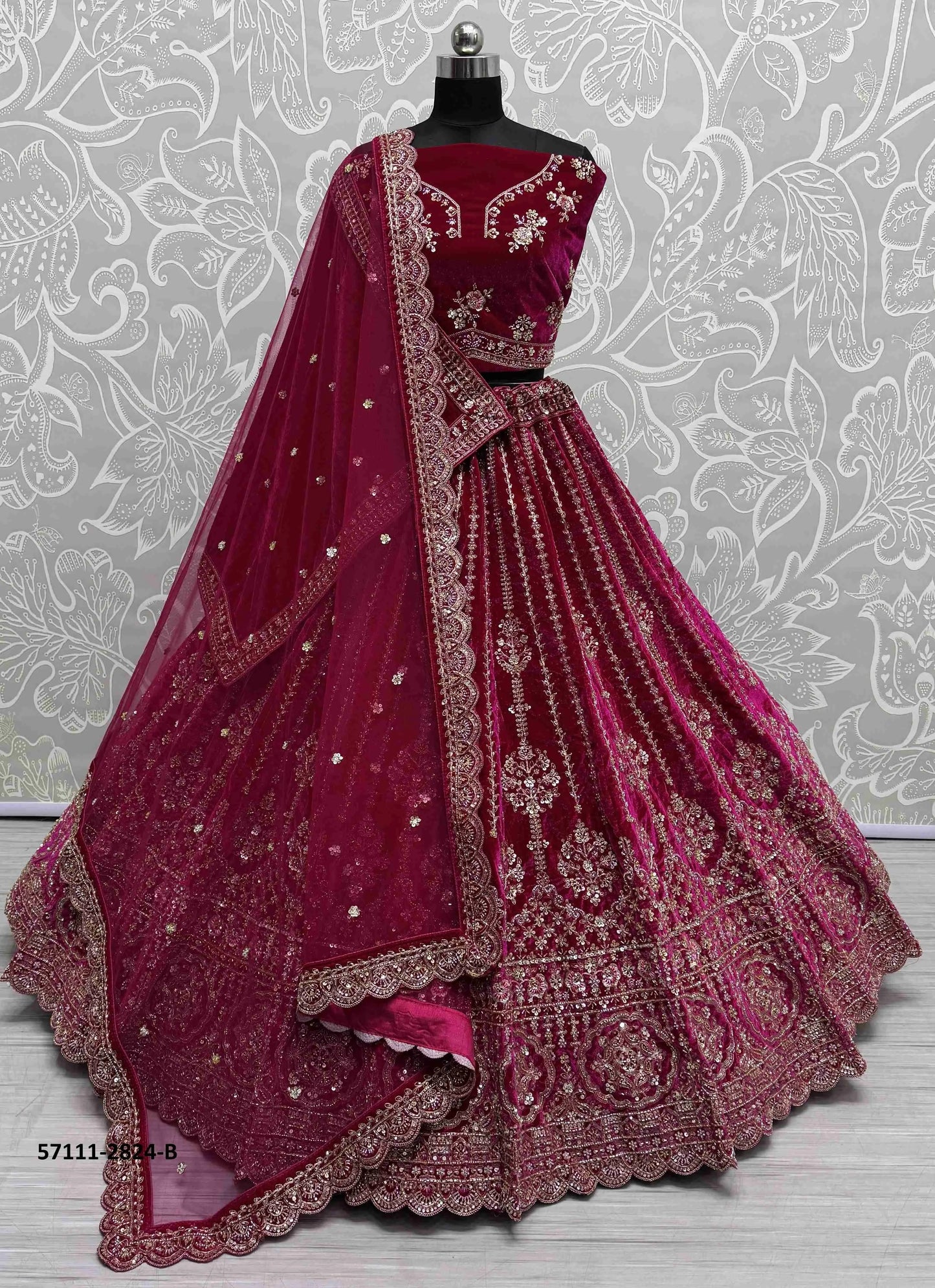Wine Velvet Handworked Wedding-Wear Bridal Lehenga Choli