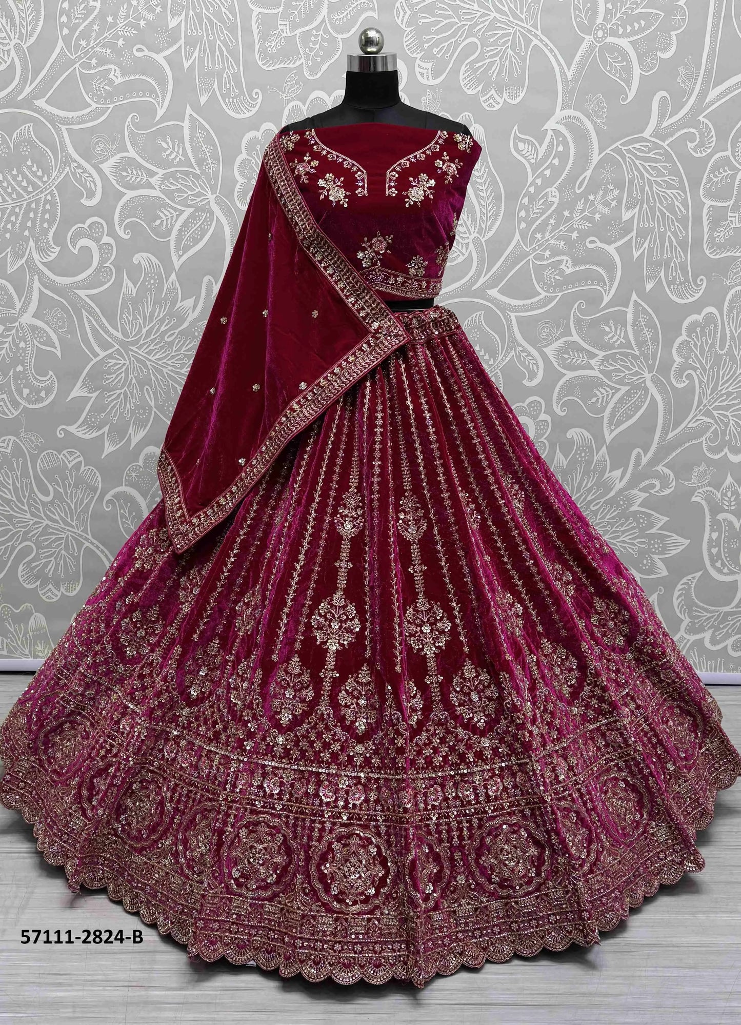 Wine Velvet Handworked Wedding-Wear Bridal Lehenga Choli