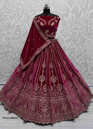 Wine Velvet Handworked Wedding-Wear Bridal Lehenga Choli