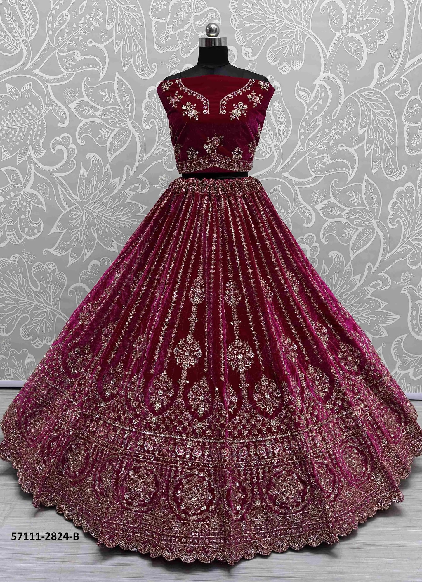 Wine Velvet Handworked Wedding-Wear Bridal Lehenga Choli