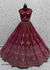 Wine Velvet Handworked Wedding-Wear Bridal Lehenga Choli