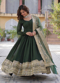 Dark Green Vichitra Sequins-Work Party-Wear Readymade Gown With Dupatta