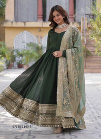 Dark Green Vichitra Sequins-Work Party-Wear Readymade Gown With Dupatta