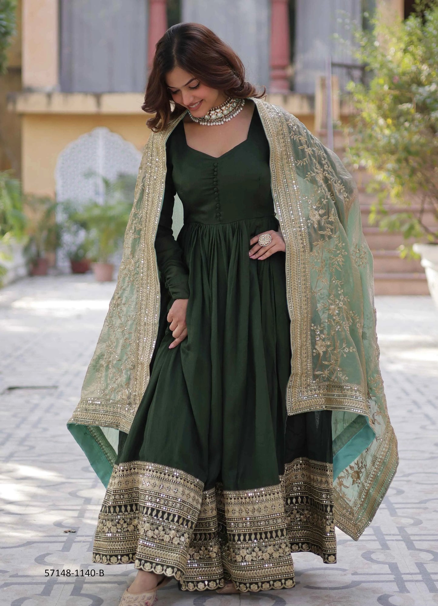Dark Green Vichitra Sequins-Work Party-Wear Readymade Gown With Dupatta