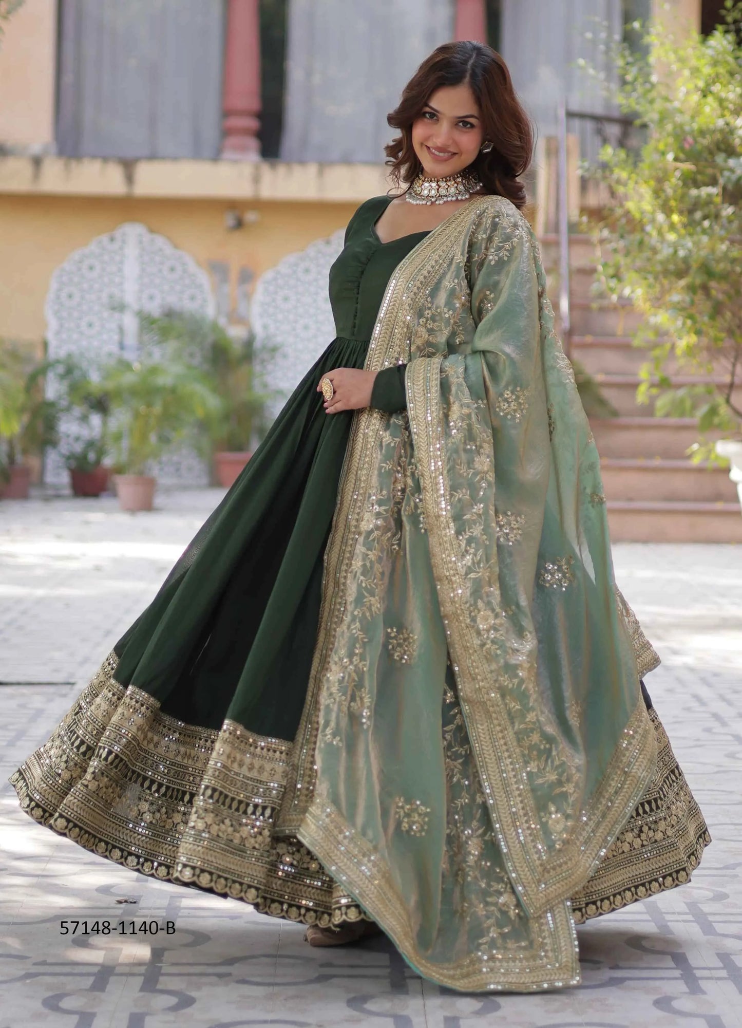 Dark Green Vichitra Sequins-Work Party-Wear Readymade Gown With Dupatta