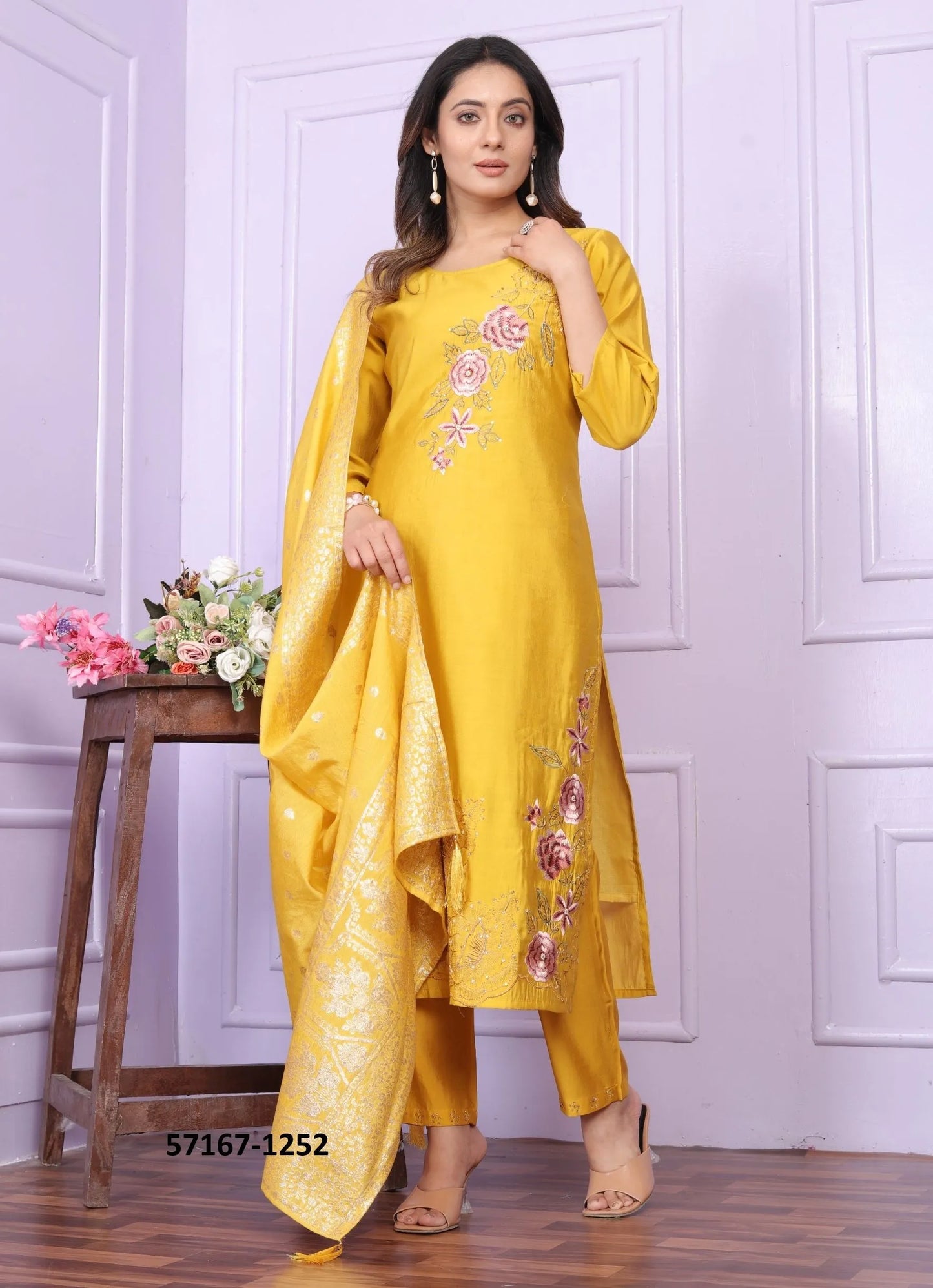 Yellow Silk Thread-Work Festive-Wear Pant-Bottom Readymade Salwar Kameez