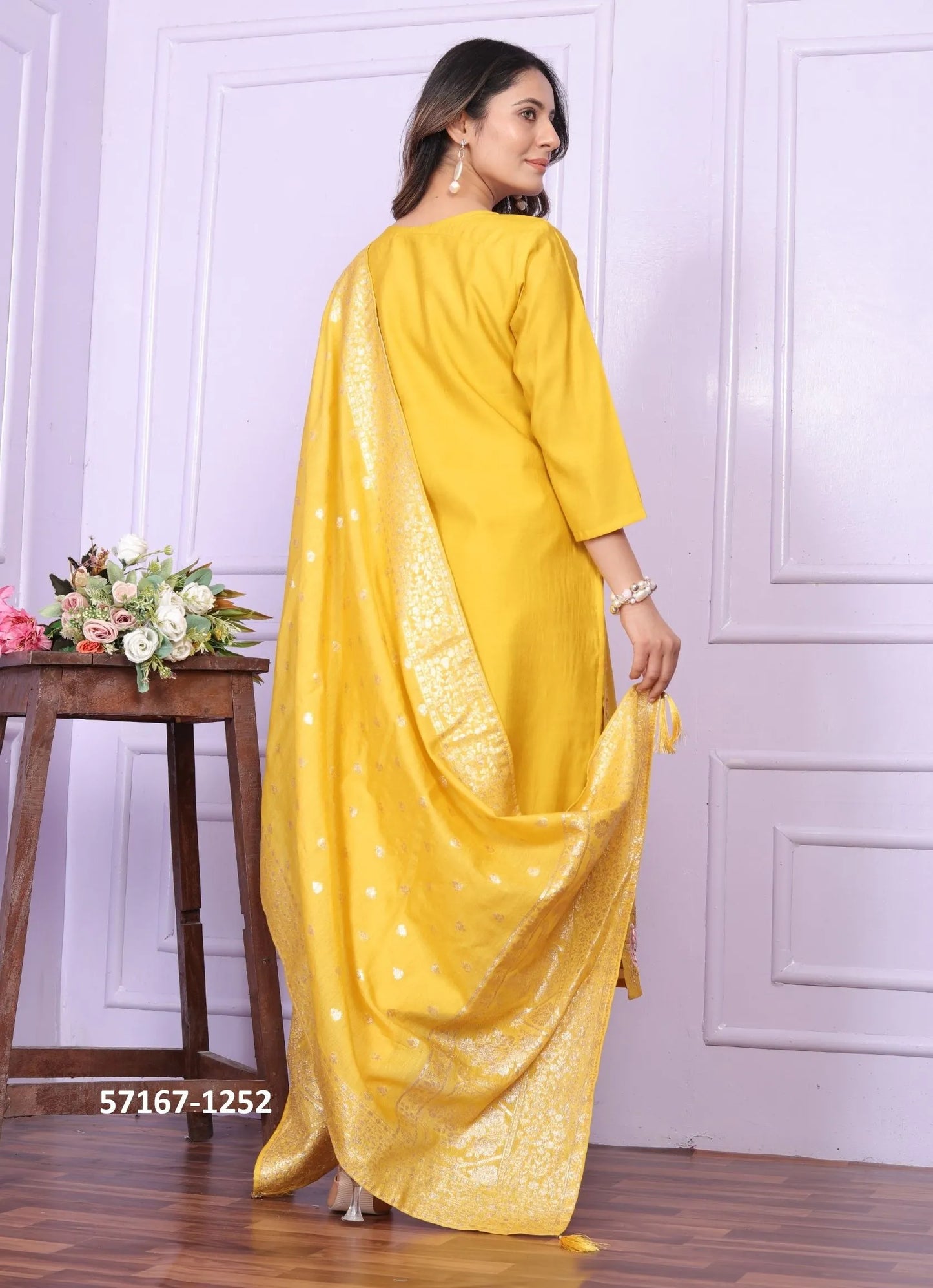 Yellow Silk Thread-Work Festive-Wear Pant-Bottom Readymade Salwar Kameez