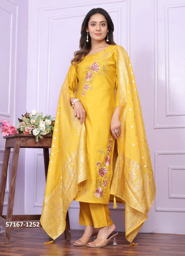 Yellow Silk Thread-Work Festive-Wear Pant-Bottom Readymade Salwar Kameez