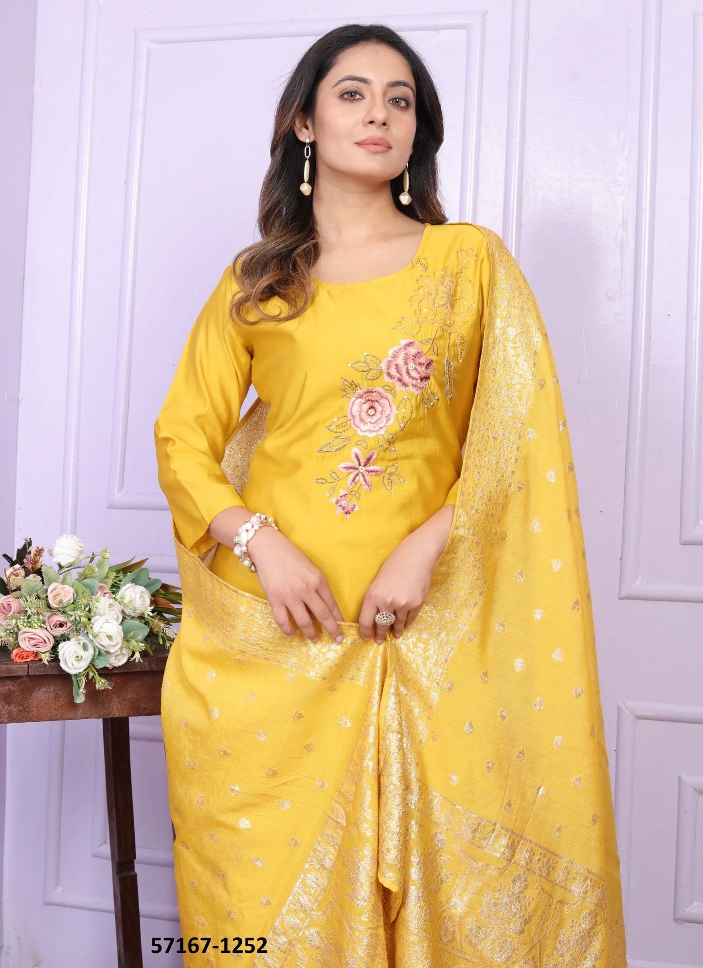 Yellow Silk Thread-Work Festive-Wear Pant-Bottom Readymade Salwar Kameez
