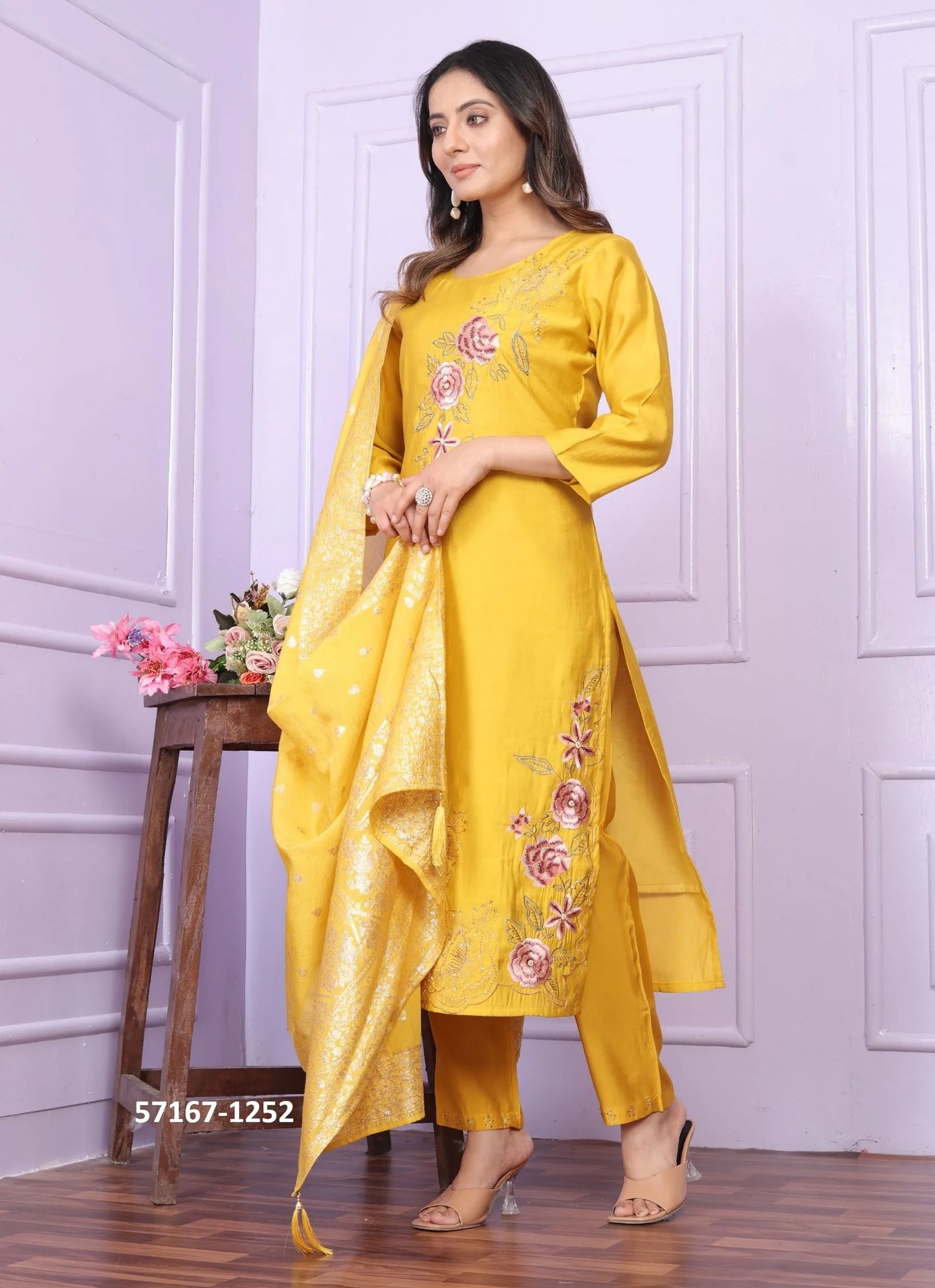 Yellow Silk Thread-Work Festive-Wear Pant-Bottom Readymade Salwar Kameez