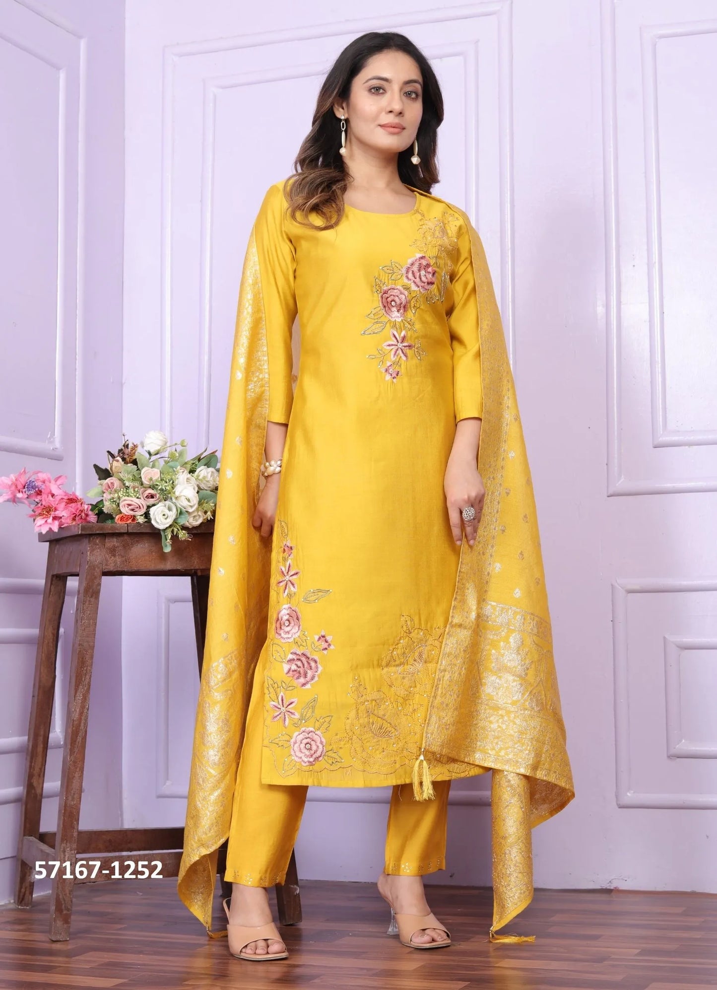 Yellow Silk Thread-Work Festive-Wear Pant-Bottom Readymade Salwar Kameez