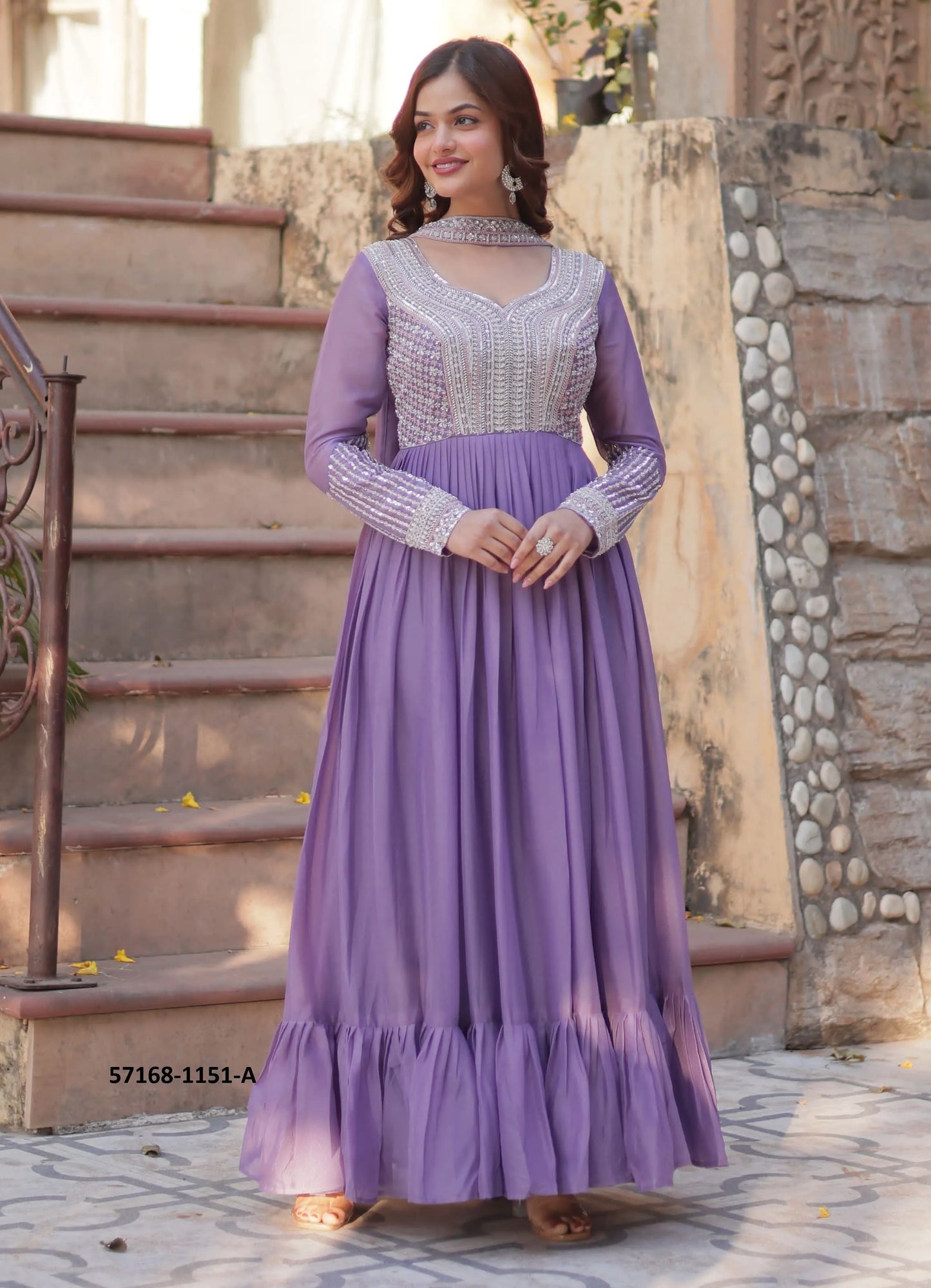 Lavender Georgette Sequins-Work Party-Wear Readymade Gown With Dupatta