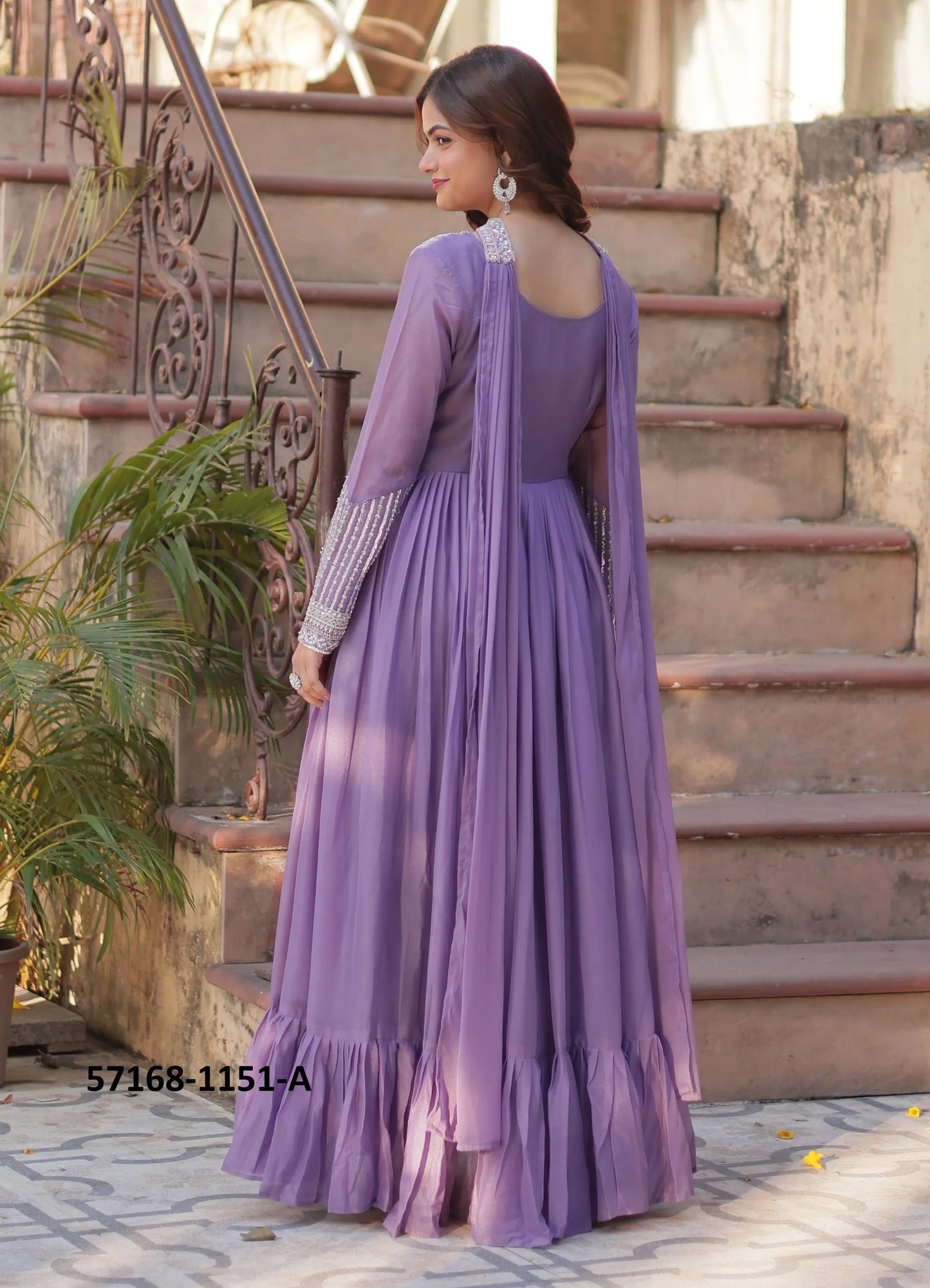 Lavender Georgette Sequins-Work Party-Wear Readymade Gown With Dupatta