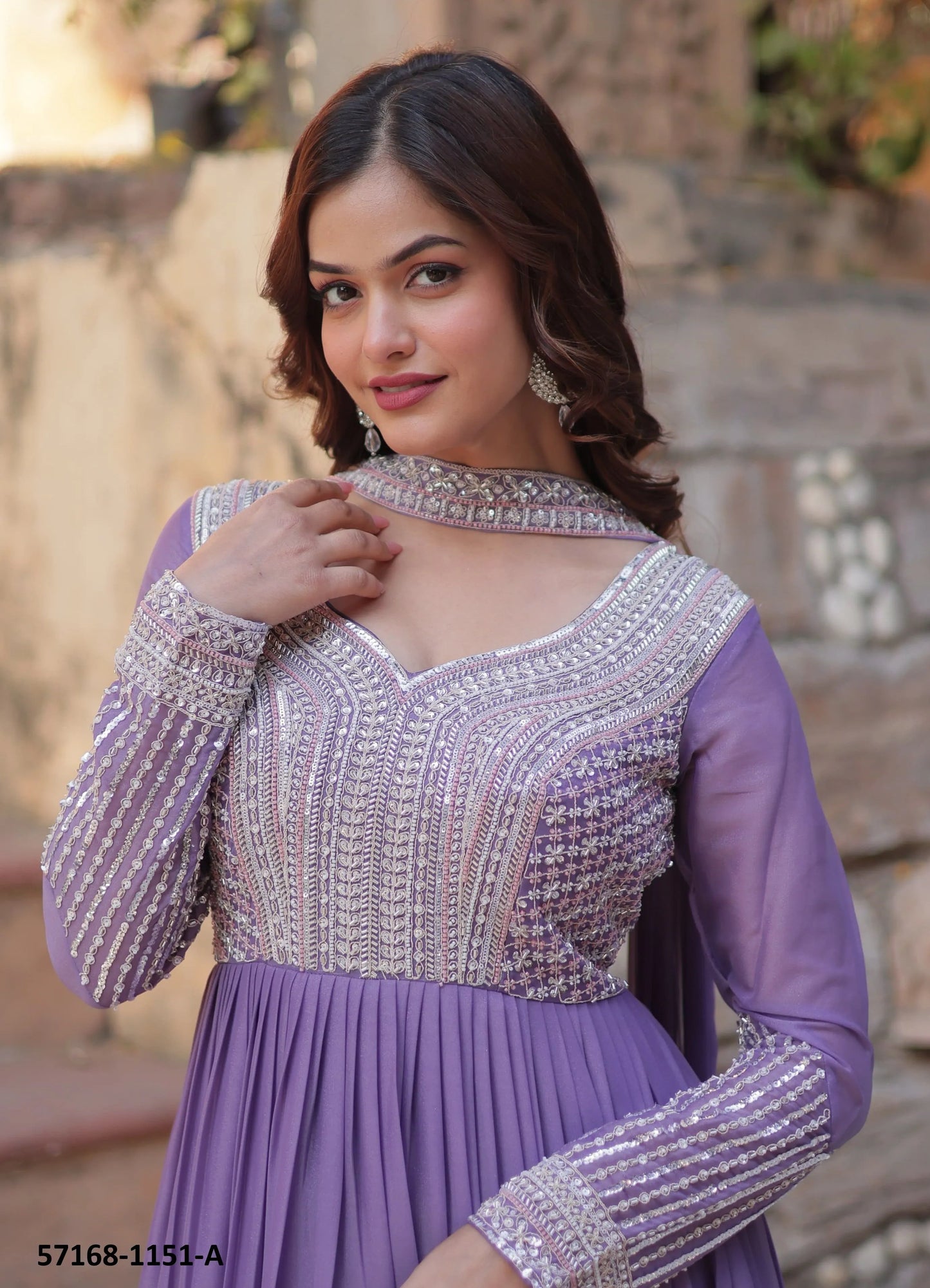 Lavender Georgette Sequins-Work Party-Wear Readymade Gown With Dupatta
