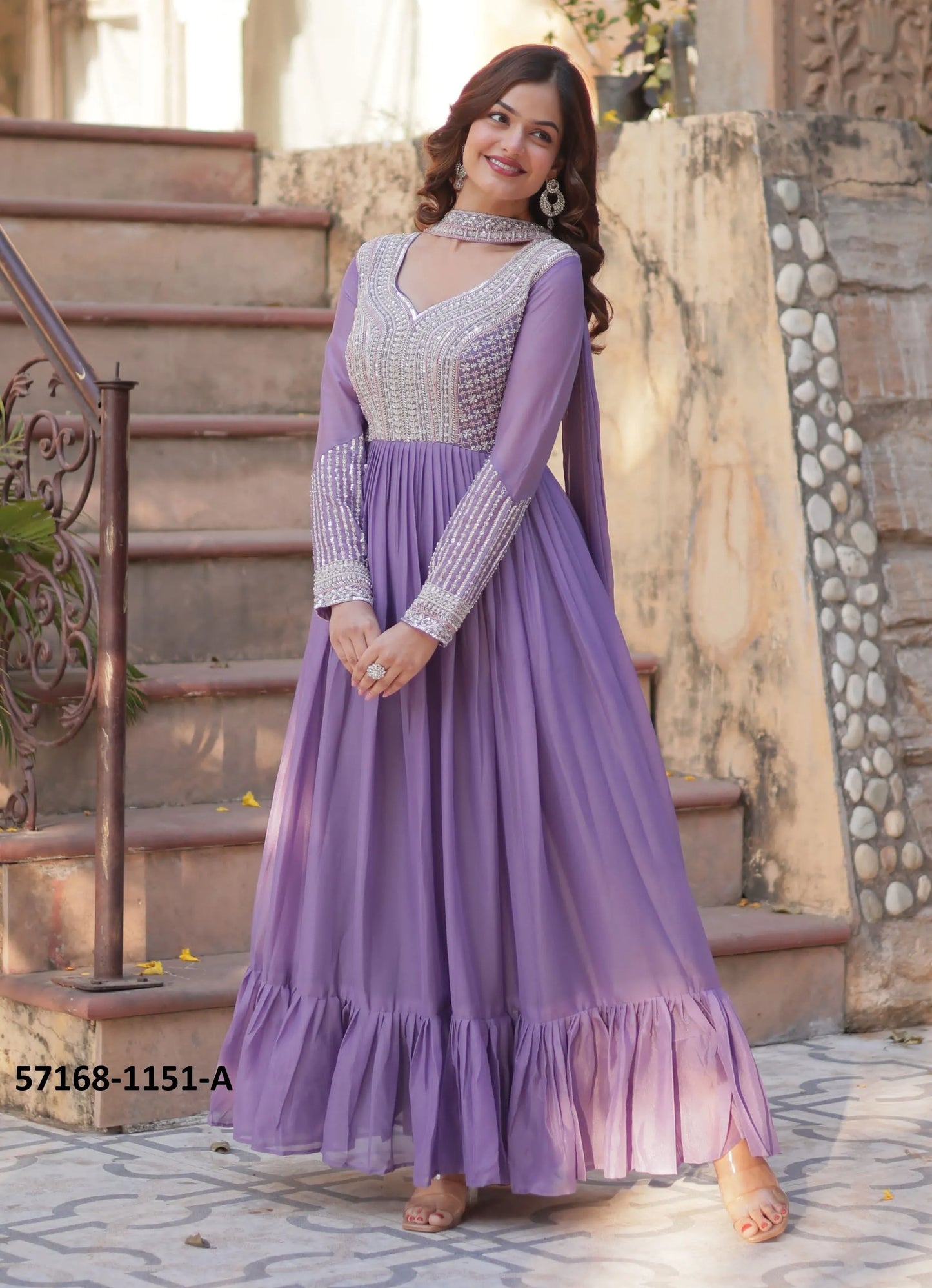 Lavender Georgette Sequins-Work Party-Wear Readymade Gown With Dupatta