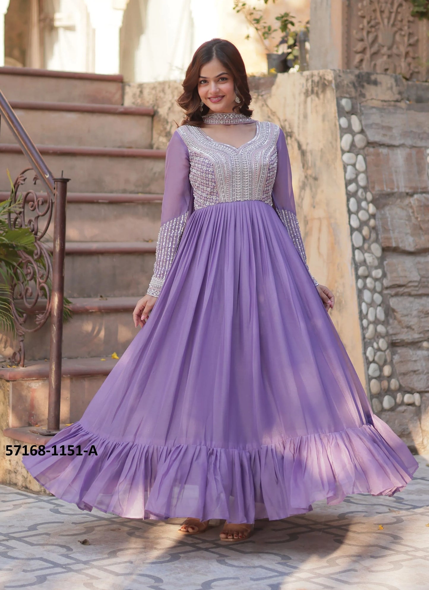Lavender Georgette Sequins-Work Party-Wear Readymade Gown With Dupatta