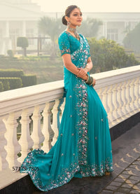 Teal Blue Crepe Handworked Wedding-Wear Bridal Saree