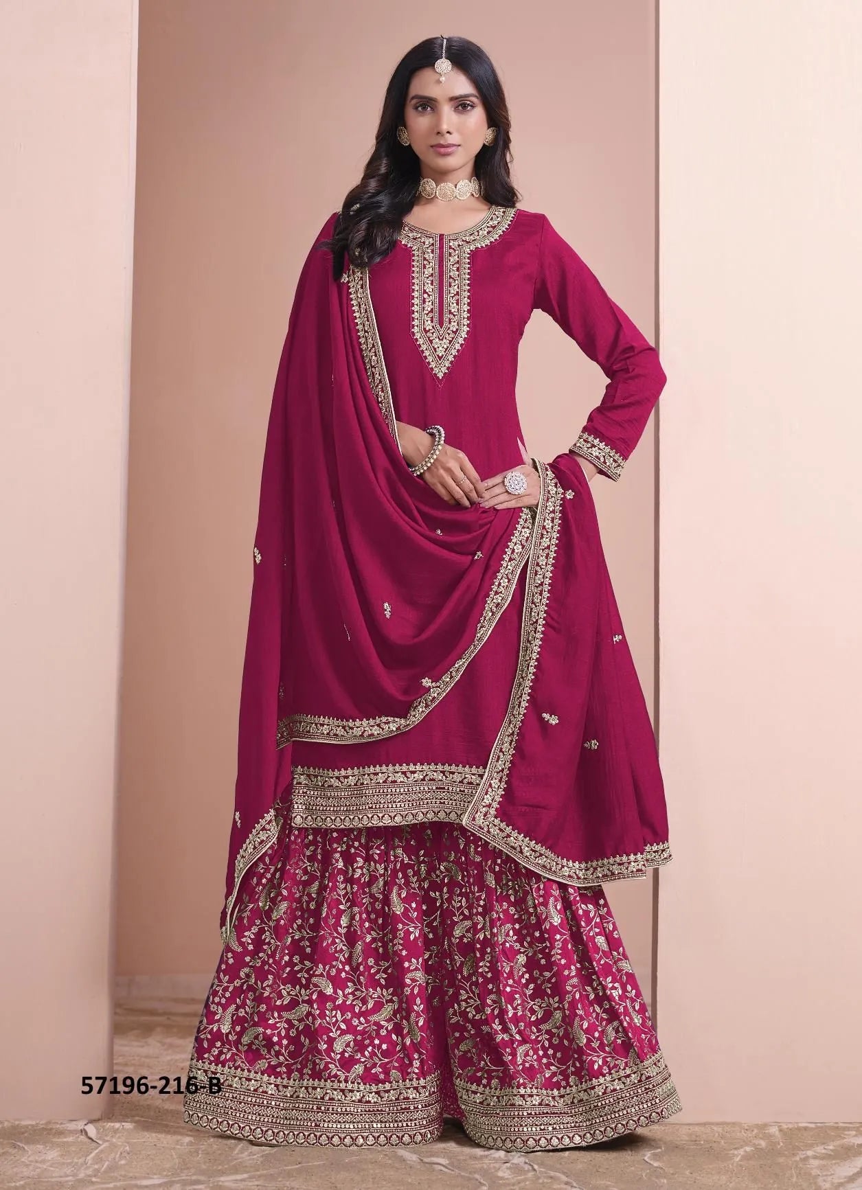 Wine Red Art Silk Embroidered Ramadan-Special Palazzo-Bottom Salwar Kameez
