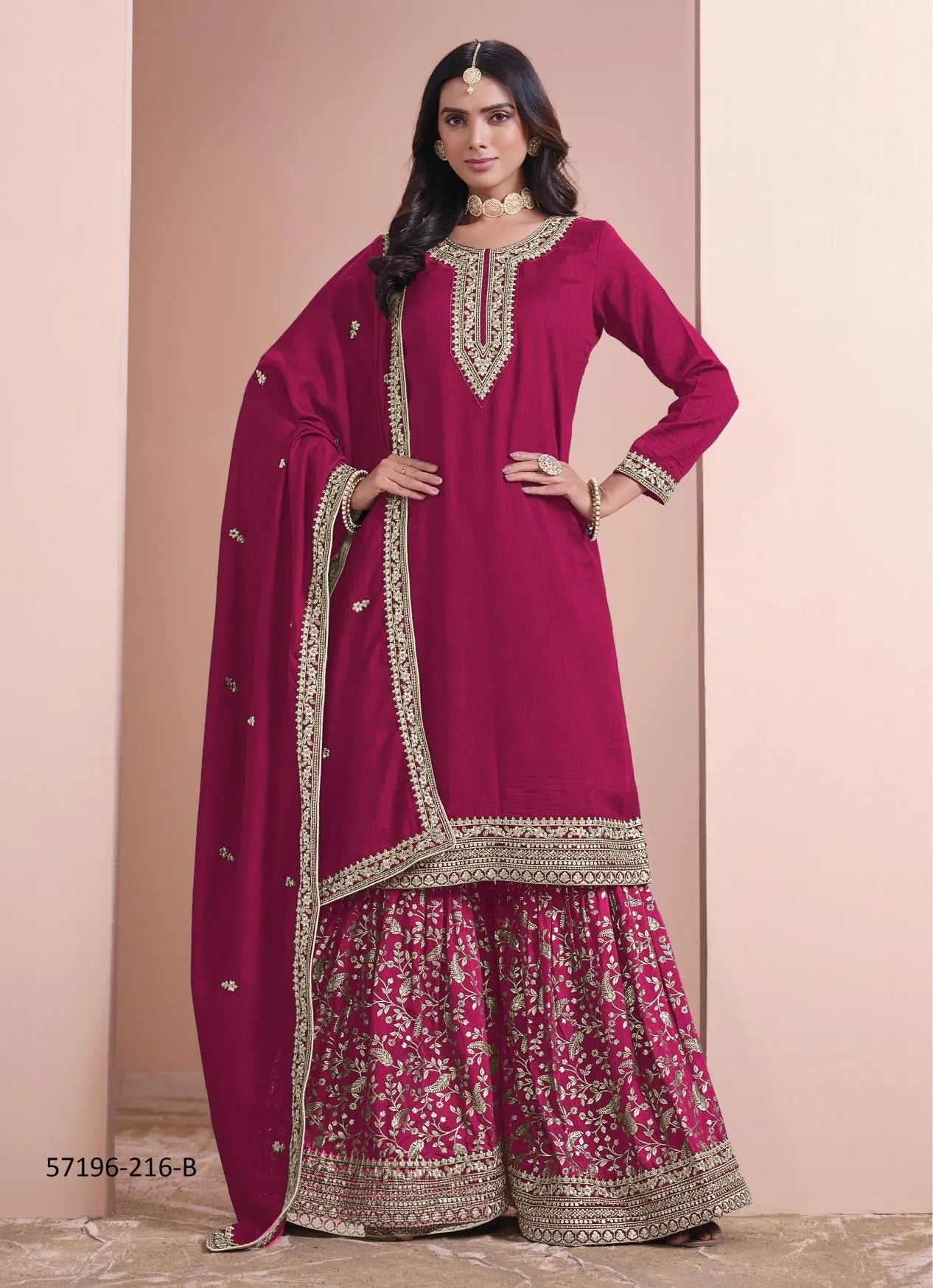 Wine Red Art Silk Embroidered Ramadan-Special Palazzo-Bottom Salwar Kameez