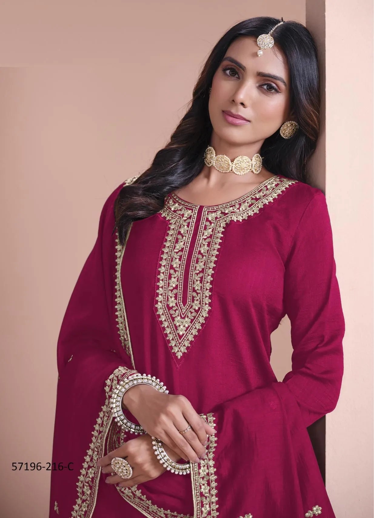 Wine Red Art Silk Embroidered Ramadan-Special Palazzo-Bottom Salwar Kameez
