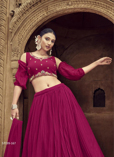 Wine Red Georgette Embroidered Party-Wear Stylish Lehenga Choli