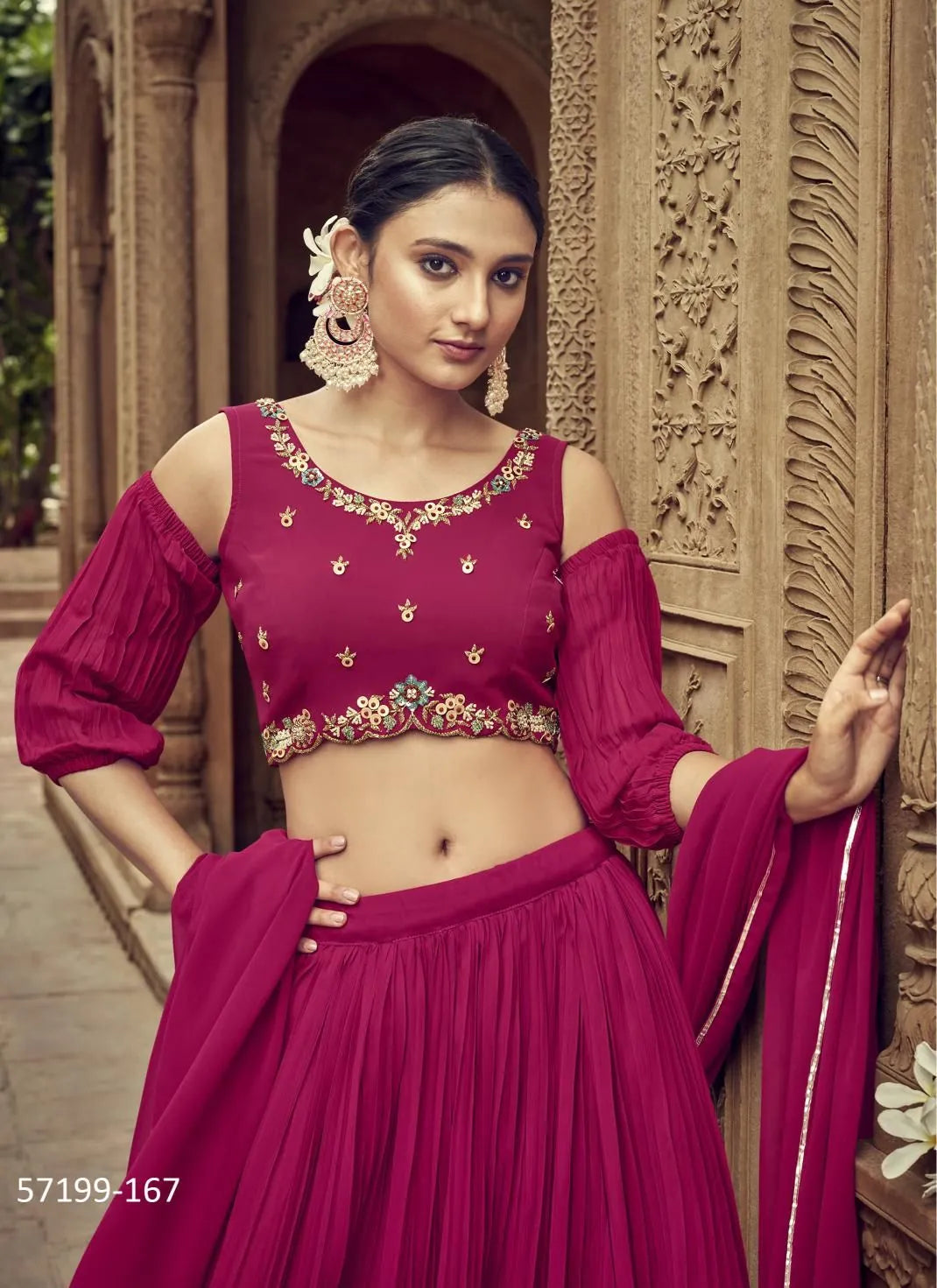 Wine Red Georgette Embroidered Party-Wear Stylish Lehenga Choli