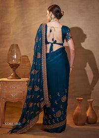 Sea Blue Fendi Satin Embroidered Evening-Wear Desi Saree