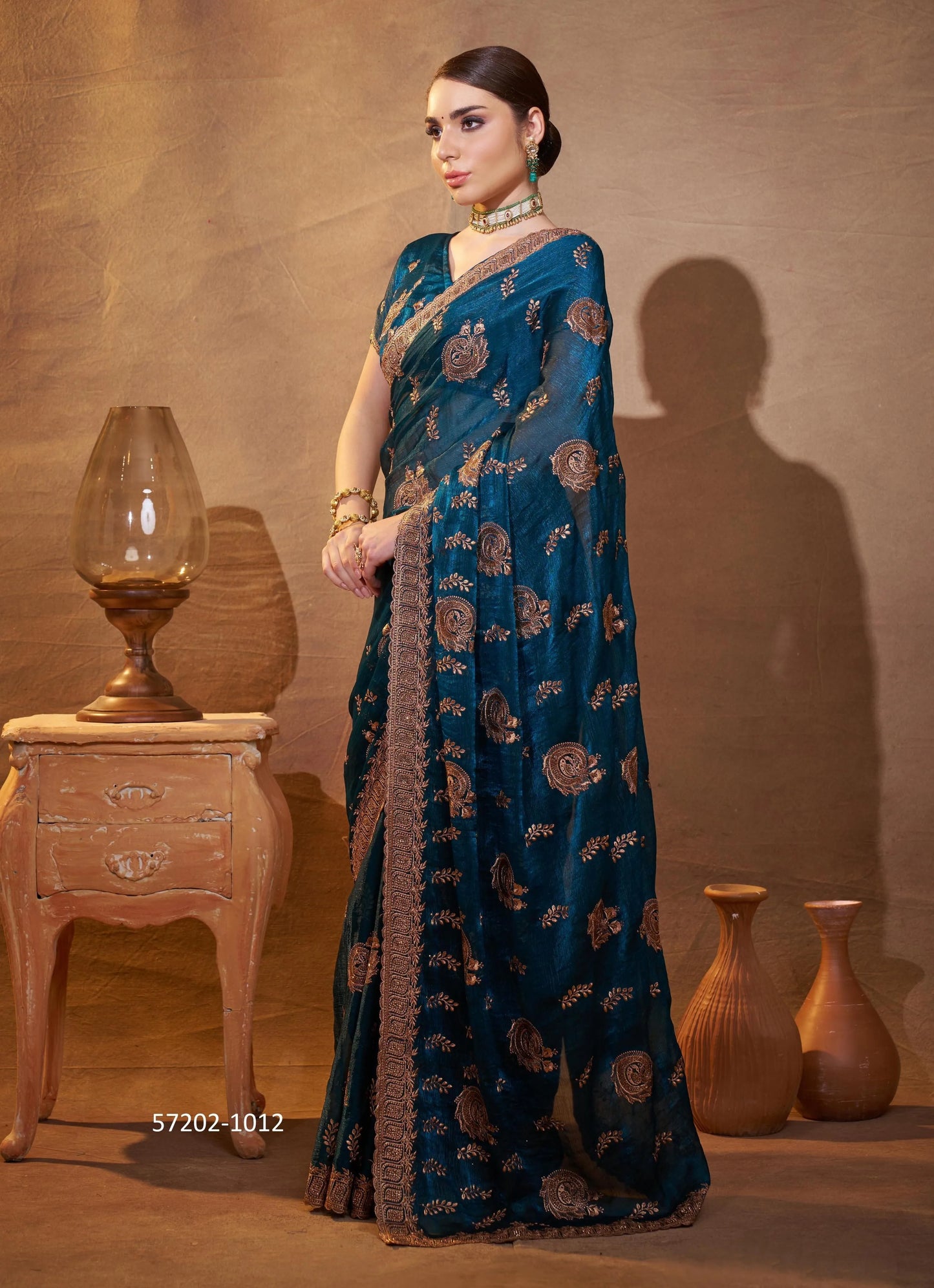 Sea Blue Fendi Satin Embroidered Evening-Wear Desi Saree
