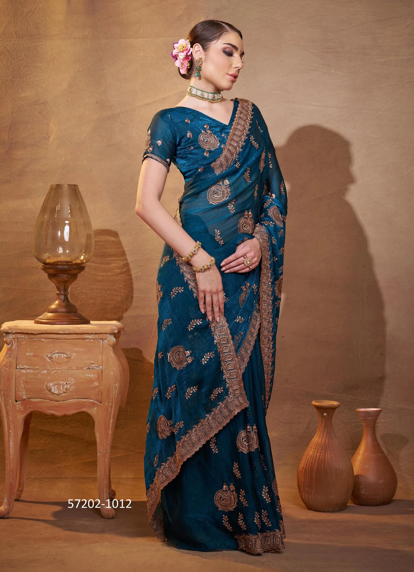 Sea Blue Fendi Satin Embroidered Evening-Wear Desi Saree