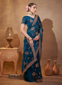 Sea Blue Fendi Satin Embroidered Evening-Wear Desi Saree