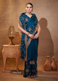 Sea Blue Fendi Satin Embroidered Evening-Wear Desi Saree