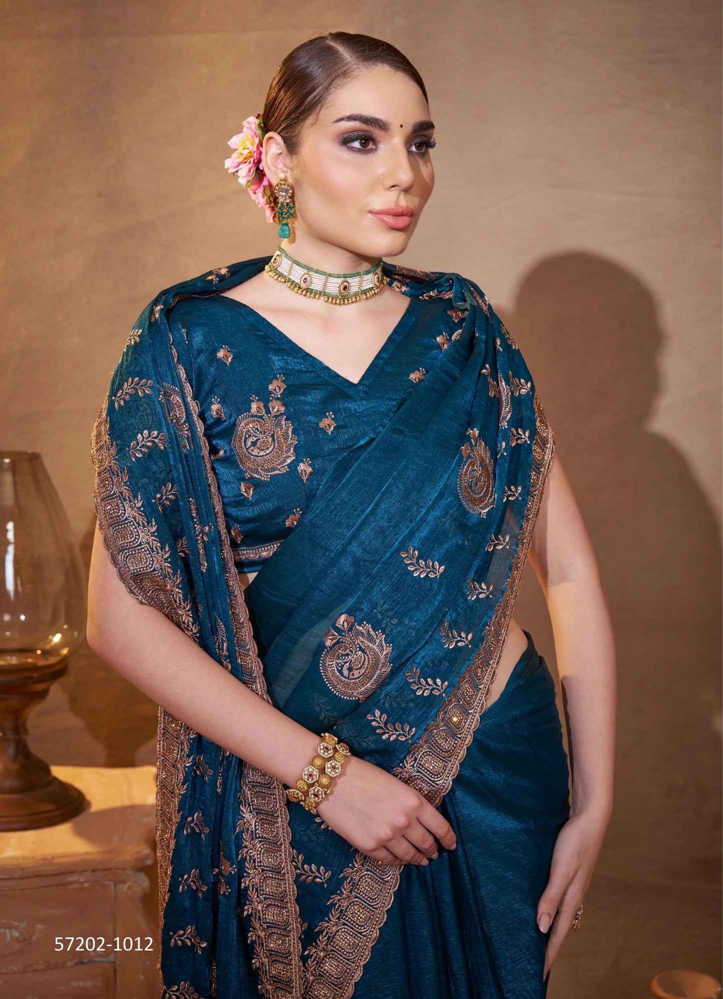 Sea Blue Fendi Satin Embroidered Evening-Wear Desi Saree