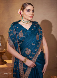 Sea Blue Fendi Satin Embroidered Evening-Wear Desi Saree