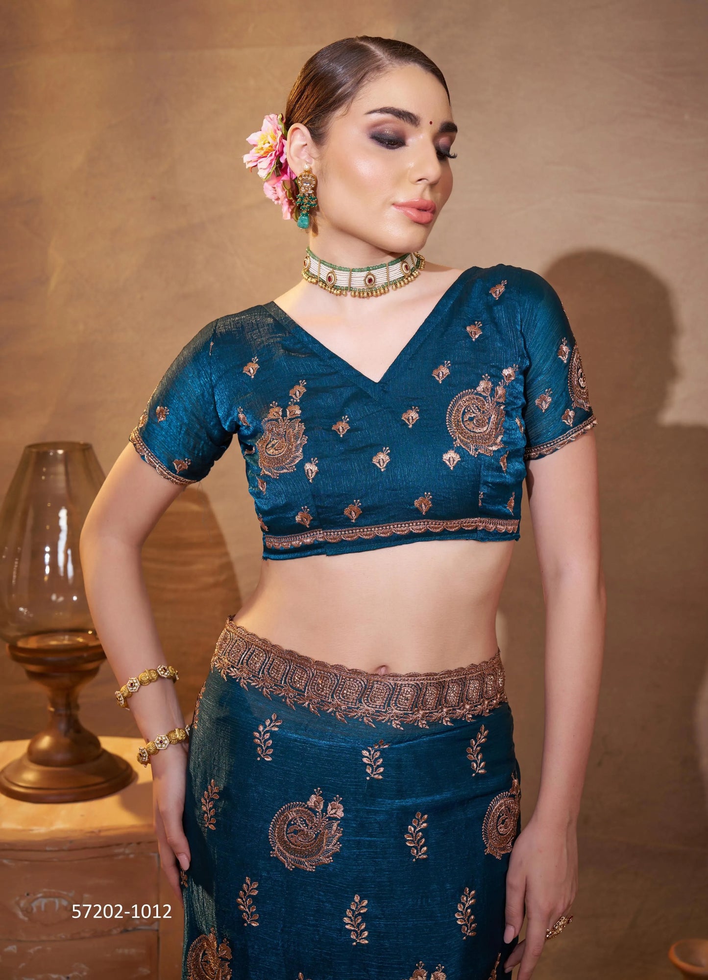 Sea Blue Fendi Satin Embroidered Evening-Wear Desi Saree